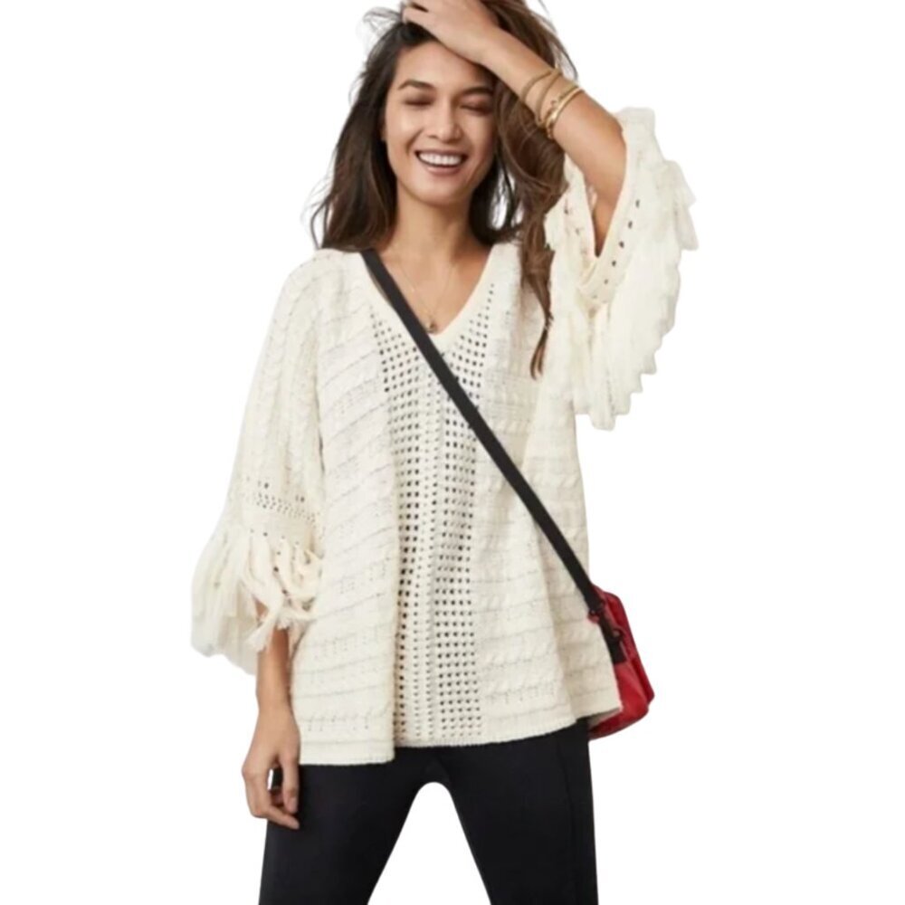 Cabi Fringe Fiesta Poncho Knit V Neck Sweater Top Relaxed Boho Chic - XS